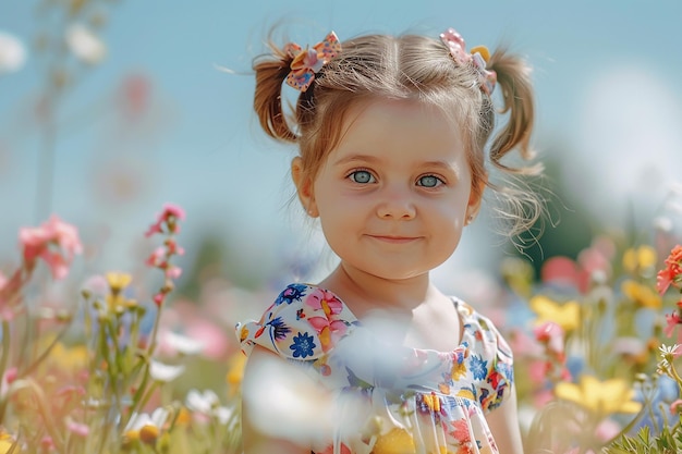 Generative AI Image of Portrait of Cute Russian Little Girl in Flower Park While Smile