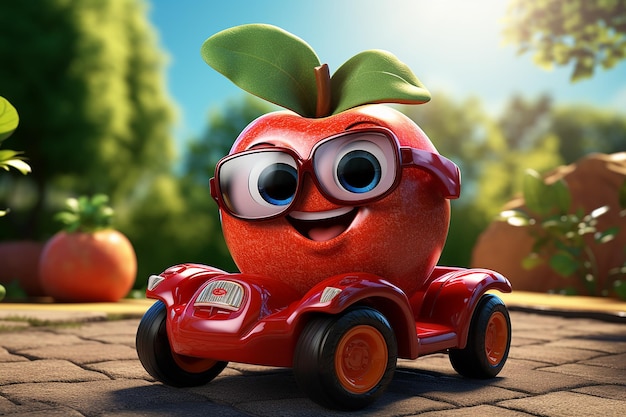 Generative AI Image of Red Apple Fruit Cartoon Character in Toy Car