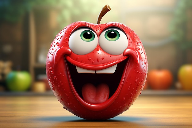 Generative AI Image of Red Apple Fruit Cartoon Character with Happy Expression