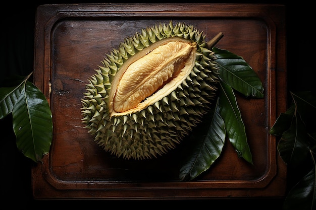 Generative AI Image of Ripe Durian Fruit with Leaves on Wooden Board