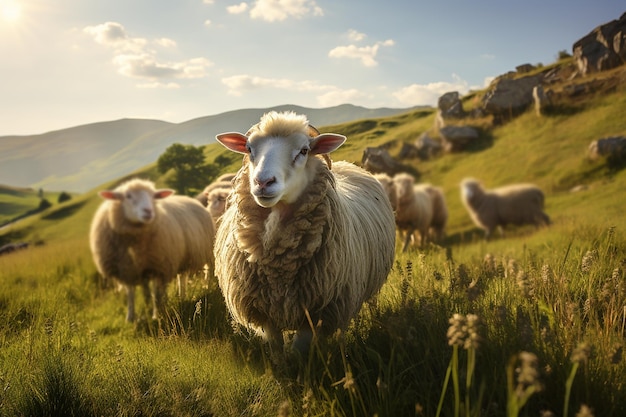 Generative AI Image of Sheep Farm in Green Meadow with Nature Landscape in Bright Day