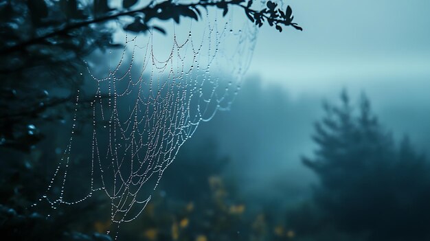 Photo generative ai image of spider web nature droplets water at night dark bokeh wallpaper