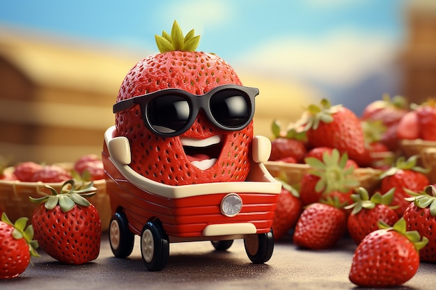 Generative AI Image of Strawberry Fruit Character Driving a Toy Car in the Garden