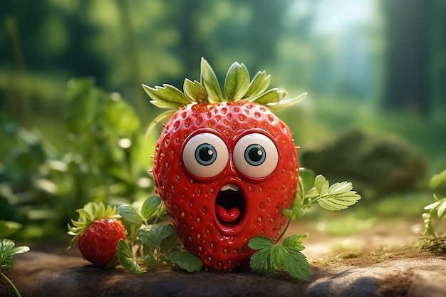 Generative AI Image of Strawberry Fruit Character with Surprised Expression in the Garden