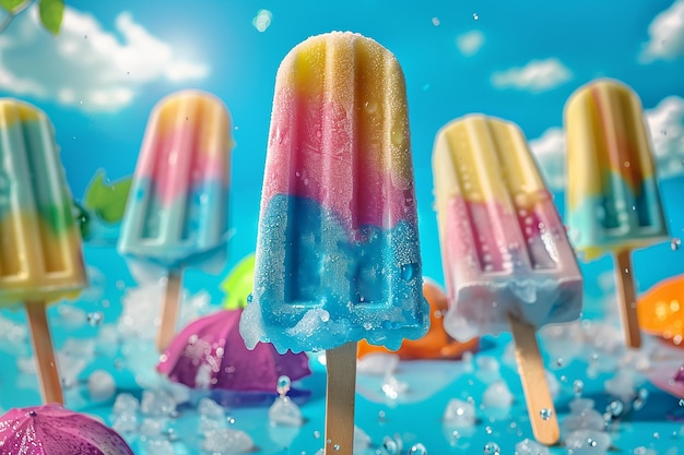 Generative AI Image of Summer Sale with Rainbow Stick Ice Cream on Blue Sky Background