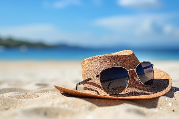 Generative AI Image of Sunglasses with Hat on White Sandy Beach