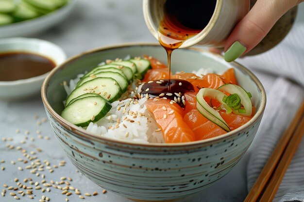 Generative AI Image of Sweet Soy Sauce Poured on Cucumber Salmon Rice in Bowl