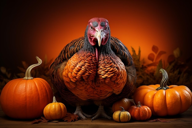 Photo generative ai image of thanksgiving concept with turkey animal standing with pumpkins