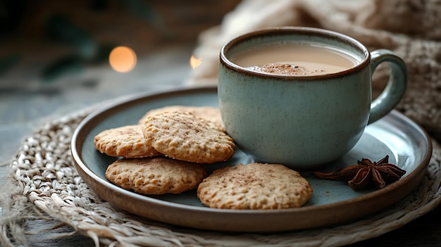 Generative AI Image Warm Delicious Chai Tea on Mug with Crackers Biscuit at Home House Teatime