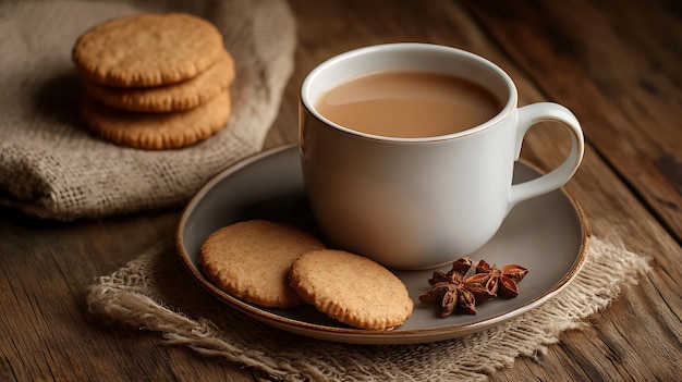 Generative AI Image Warm Delicious Chai Tea on Mug with Crackers Biscuit at Home House Teatime