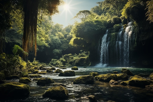 Generative AI Image of Waterfall with Nature Landscape in Tropical Forest