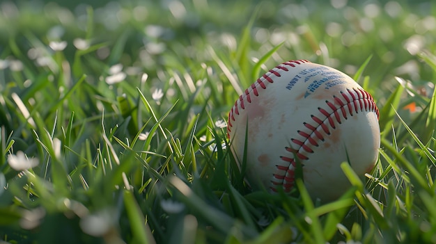 Photo generative ai image with a baseball on the lawn of a baseball stadium