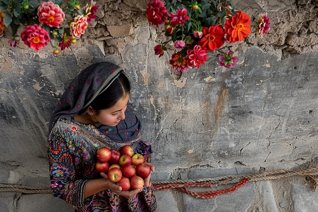 Generative AI Image of A Woman Wearing Headscarf Holding Apples Fruit in Nowruz Celebration