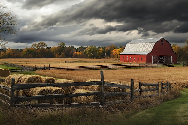 Photo generative ai image of wooden barn fence at countryside with farm field autumn fall season wallpaper