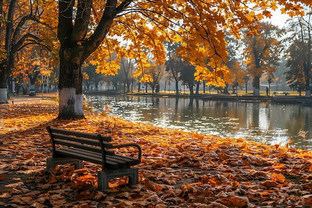 Photo generative ai image of wooden bench on side lake river with sunny autumn at city park wallpaper