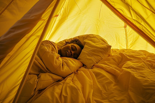 Generative AI Image of World Sleep Day with African Woman Sleeping Well Inside Camping Tent