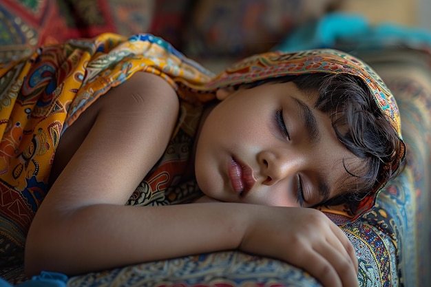 Generative AI Image of World Sleep Day with Indian Little Boy Sleeping on a Couch