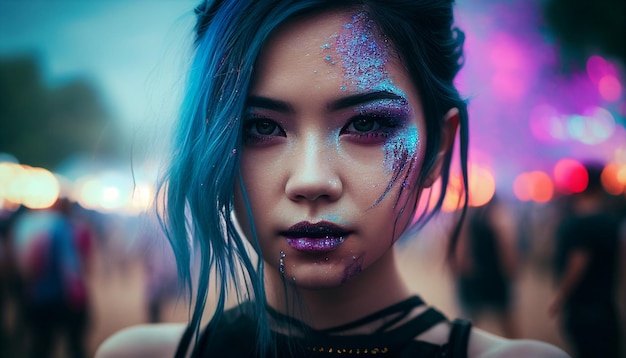 Generative AI image of a young gorgeous girl with glitter on her face enjoying an edm festival