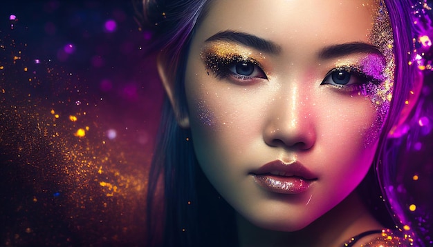 Generative AI image of a young gorgeous girl with glitter on her face enjoying an edm festival