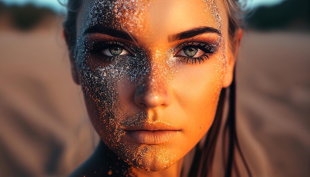 Generative AI image of a young gorgeous girl with glitter on her face enjoying an edm festival