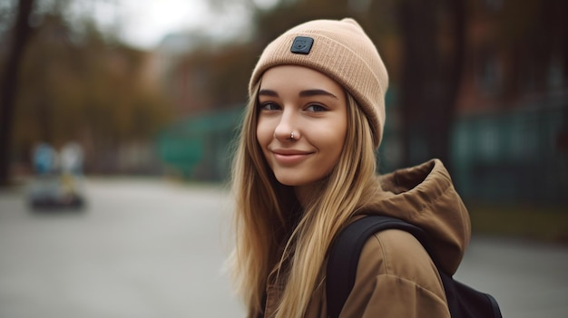 Generative AI image of a young lovely student outside on her skateboard