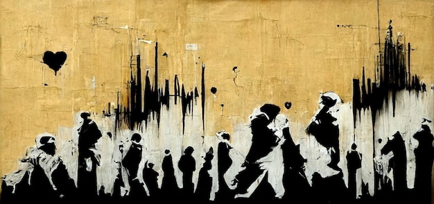 Generative AI Ink black street graffiti art on a textured paper vintage background inspired Banksy