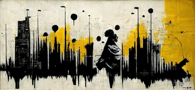 Generative AI Ink black street graffiti art on a textured paper vintage background inspired Banksy