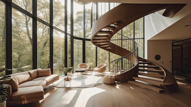 Generative AI is in a contemporary living room with floor to ceiling glass windows on the left and curving stairs leading upstairs on the right