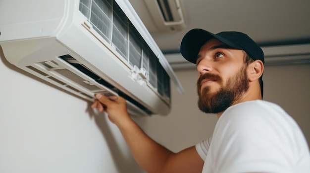 Generative AI is used by a man to repair an air conditioner indoors