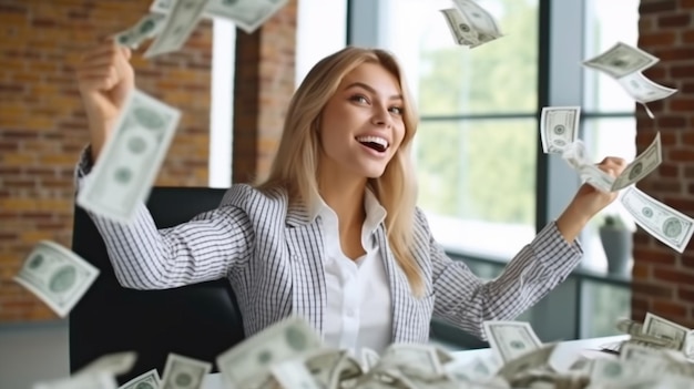 Generative AI is used by a young blonde businesswoman who is throwing money at the office