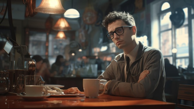 Generative AI Journalist conducting an interview in a coffee shop recorder on the table engaging