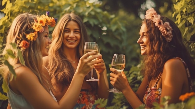 Generative AI joyful buddies clinking glasses in a sunny garden