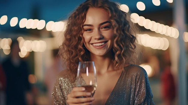 Generative AI joyful lady enjoying champagne during party