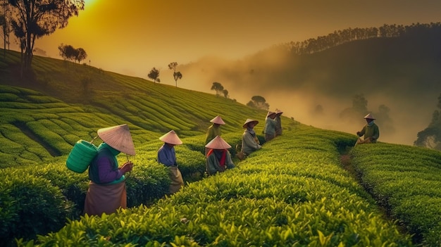 Generative AI landscape image of a Vietnamese worker at a tea plantation