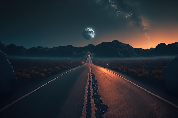 Generative AI Landscape night lonely road with bright full moon shines down mountains desert