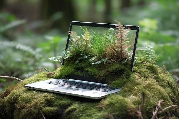 Generative AI Laptop covered in moss and plants Nature and technology concept