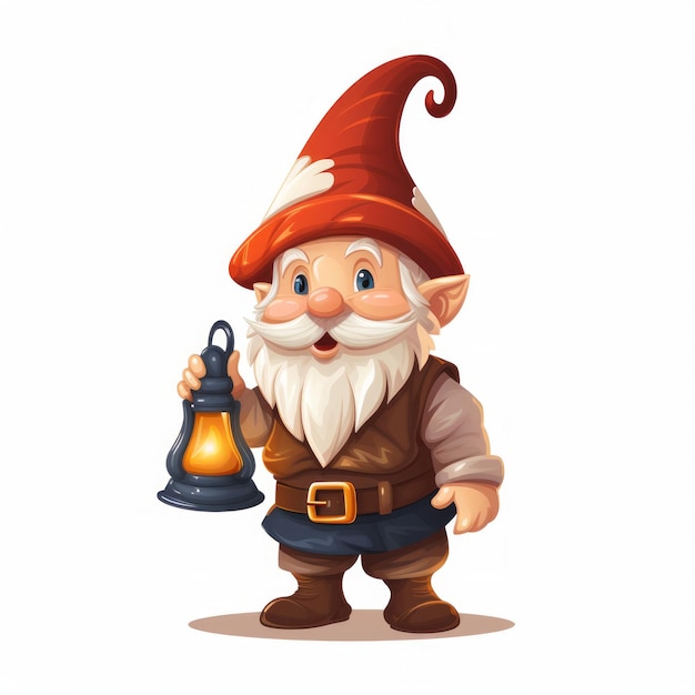 Generative AI A lovable gnome wearing a pointed hat and holding a lantern exploring inquisitively