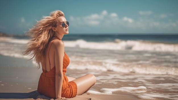 Generative AI lovely woman with blond hair in bikini relaxing on the beach