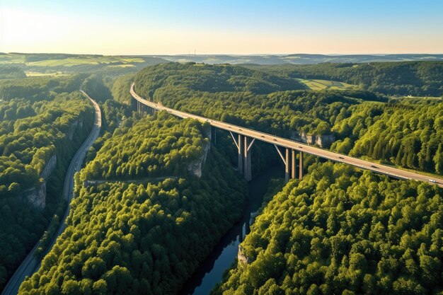 Generative AI Luxembourg landscape Majestic Aerial View of Highway Bridge Over Forested Valley at Su