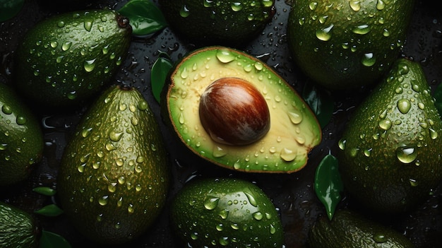 Generative AI Macro Fresh Juicy half and whole of green avocado fruit background as pattern