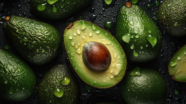 Generative AI Macro Fresh Juicy half and whole of green avocado fruit background as pattern