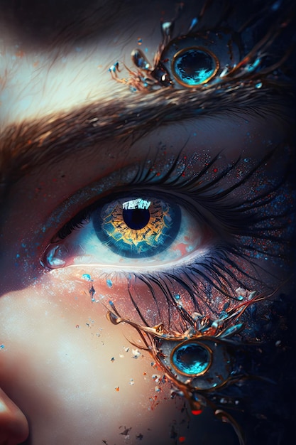 Generative AI Macro photography of the magical female eye of a fairy or elf in closeup The iris of the eye Fantasy magic Vertical illustration