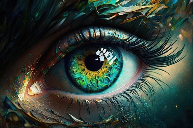 Generative AI Macro photography of the magical female eye of a fairy or elf in closeup The iris of the eye Fantasy magic