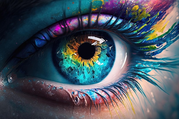 Generative AI Macro photography of an unreal human female eye closeup The iris of the eye Rainbow colors Vertical illustration