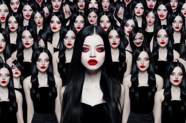 Generative ai many glamour beauty woman clones with pale skin black hair and red gloss