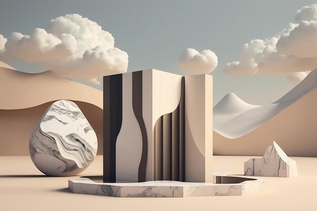 A Generative Ai of a marble podium with a stone sculpture in the background