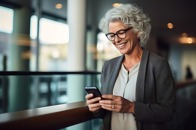 Generative AI Mature business woman smiling and using a mobile phone