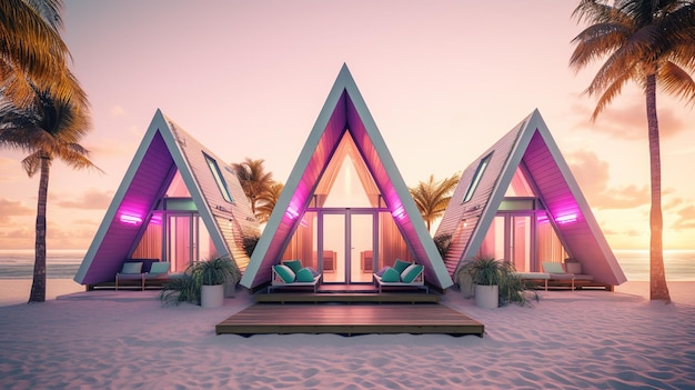 Generative AI Miami beach huts Summer Vibes retro illustration Vintage pink and blue colors