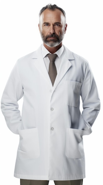 Generative AI Middleaged male doctor in a lab coat slight smile confident posture fullbody view