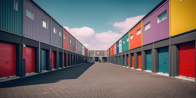 Generative AI Mini colorful metal self storage facilities rental units warehouse exterior